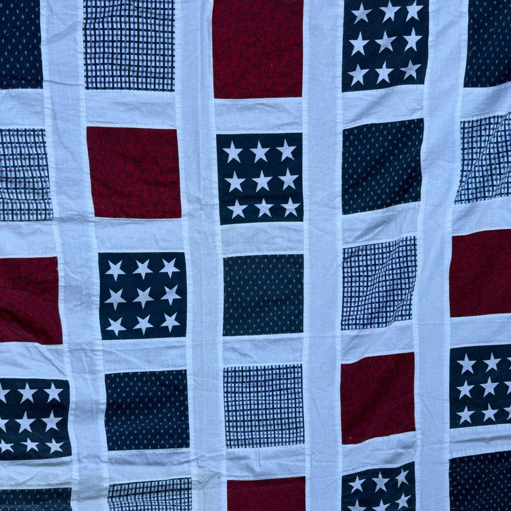 1. Handmade Patriotic Patchwork Quilt Top 70.5x54 Red White Blue Stars Americana